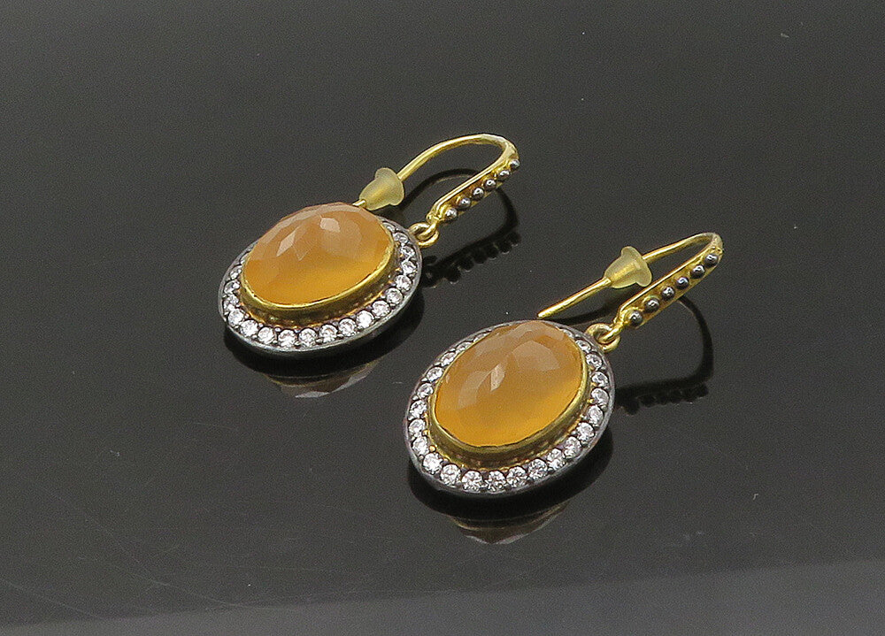 925 Silver  Vintage Faceted Carnelian & Cubic Zirconia Drop Earrings  EG10851