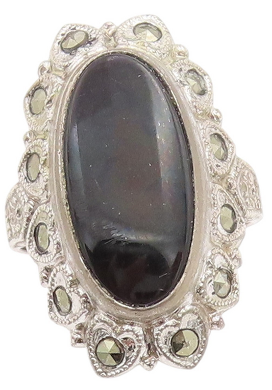 925 Sterling Silver Vintage Ring UNCAS Onyx & Marcasite Flower  Sz 6  RG34803