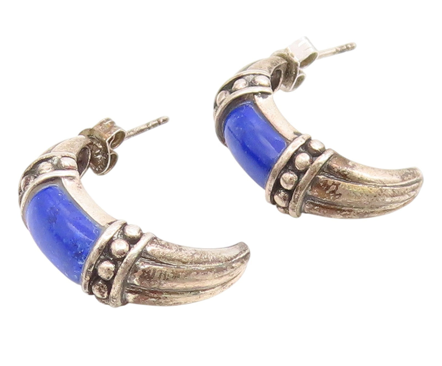 925 Sterling Silver Vintage Earrings Lapis Lazuli Ribbed Crescent Moon  EG14157