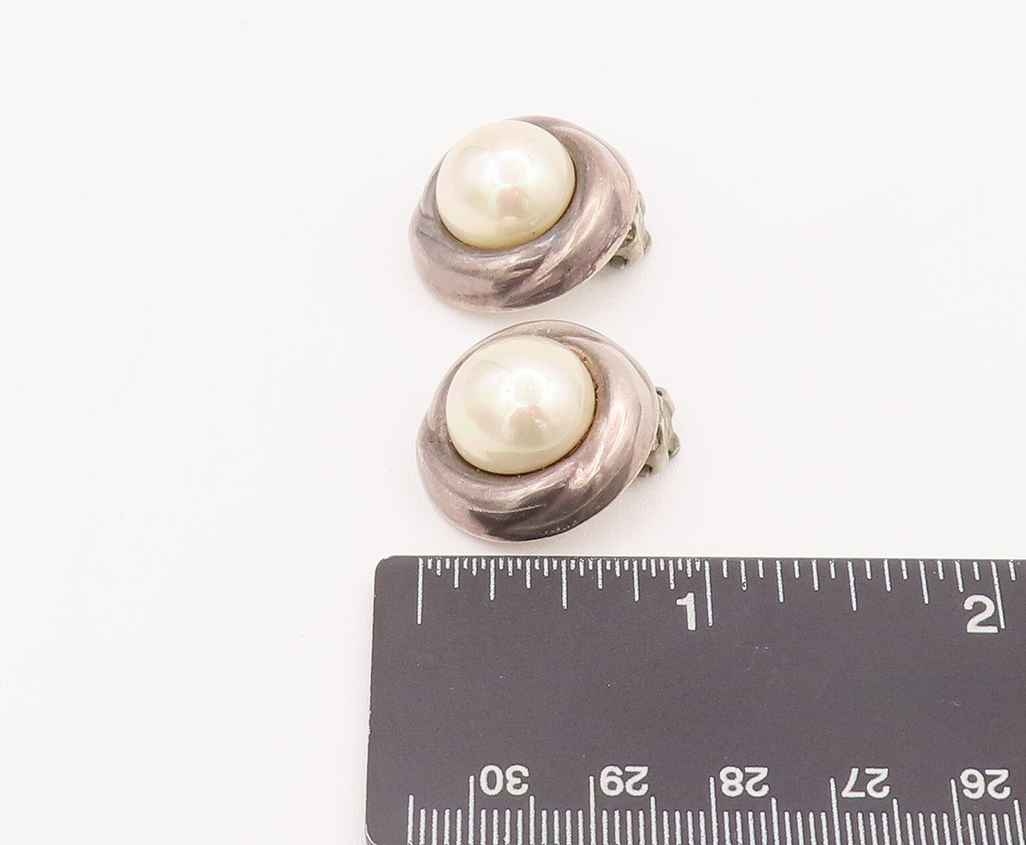 925 Sterling Silver Vintage Earrings BARRA Large Pearl Halo Carved Ring  EG12942