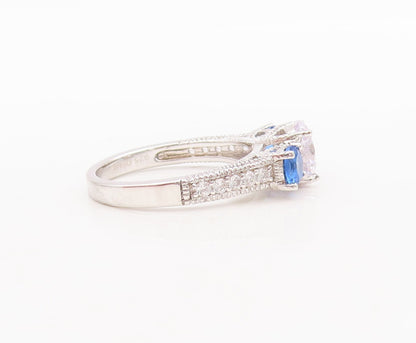 925 Sterling Silver Vintage Ring Round Sapphire & CZ Wedding Ring  Sz 7  RG29460