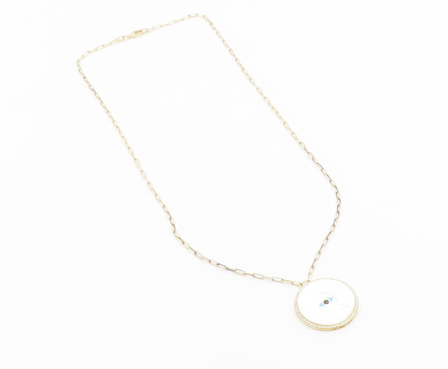 925 Sterling Silver Vintage Necklace Gold Plated CZ Enamel Evil Eye Medal NE4929