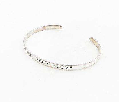 925 Sterling Silver  Vintage Peace Faith Love Stamped Cuff Bracelet  BT3971