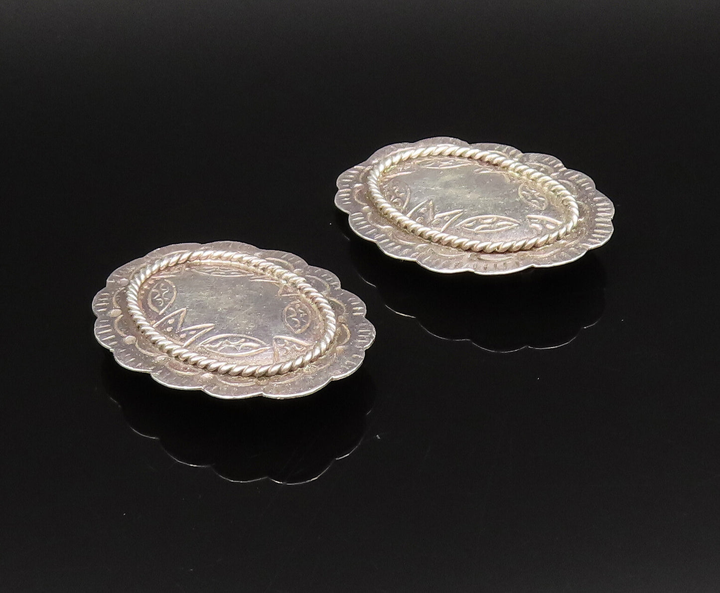 925 Silver  Vintage Etched & Rope Twist Floral Clip Back Earrings  EG12210