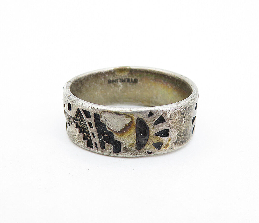 SHUBE 925 Sterling Silver  Vintage Oxidized City Scene Band Ring Sz 5.5 RG6807