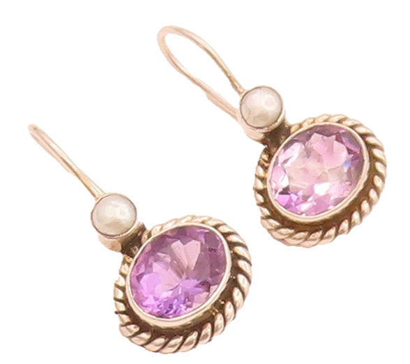 925 Sterling Silver  Vintage Amethyst Halo Roped Pearl Drop Earrings  EG12488
