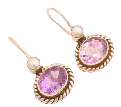925 Sterling Silver  Vintage Amethyst Halo Roped Pearl Drop Earrings  EG12488