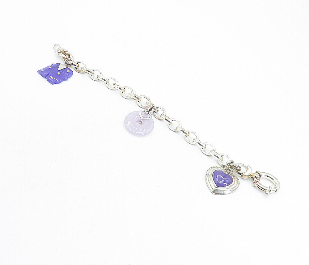 925 Sterling Silver Vintage Purple Jade Elephant Charm Chain Bracelet BT2341