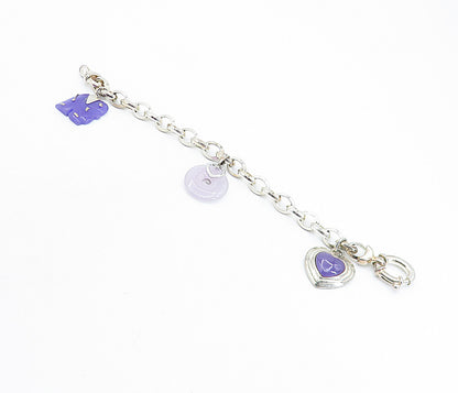 925 Sterling Silver Vintage Purple Jade Elephant Charm Chain Bracelet BT2341