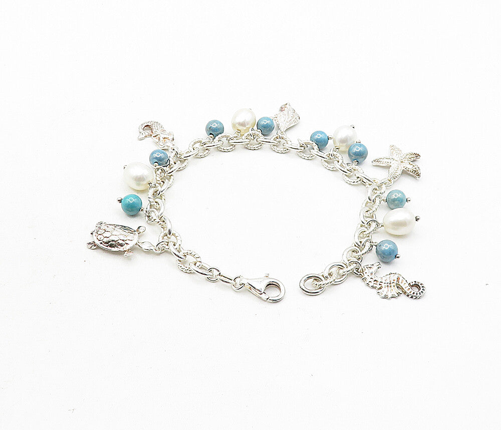 925 Sterling Silver  Pearl Beads Sea Charmed Twist Link Chain Bracelet  BT1725
