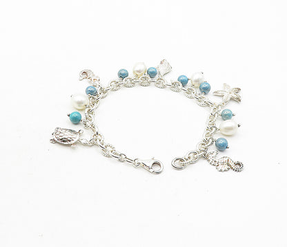 925 Sterling Silver  Pearl Beads Sea Charmed Twist Link Chain Bracelet  BT1725