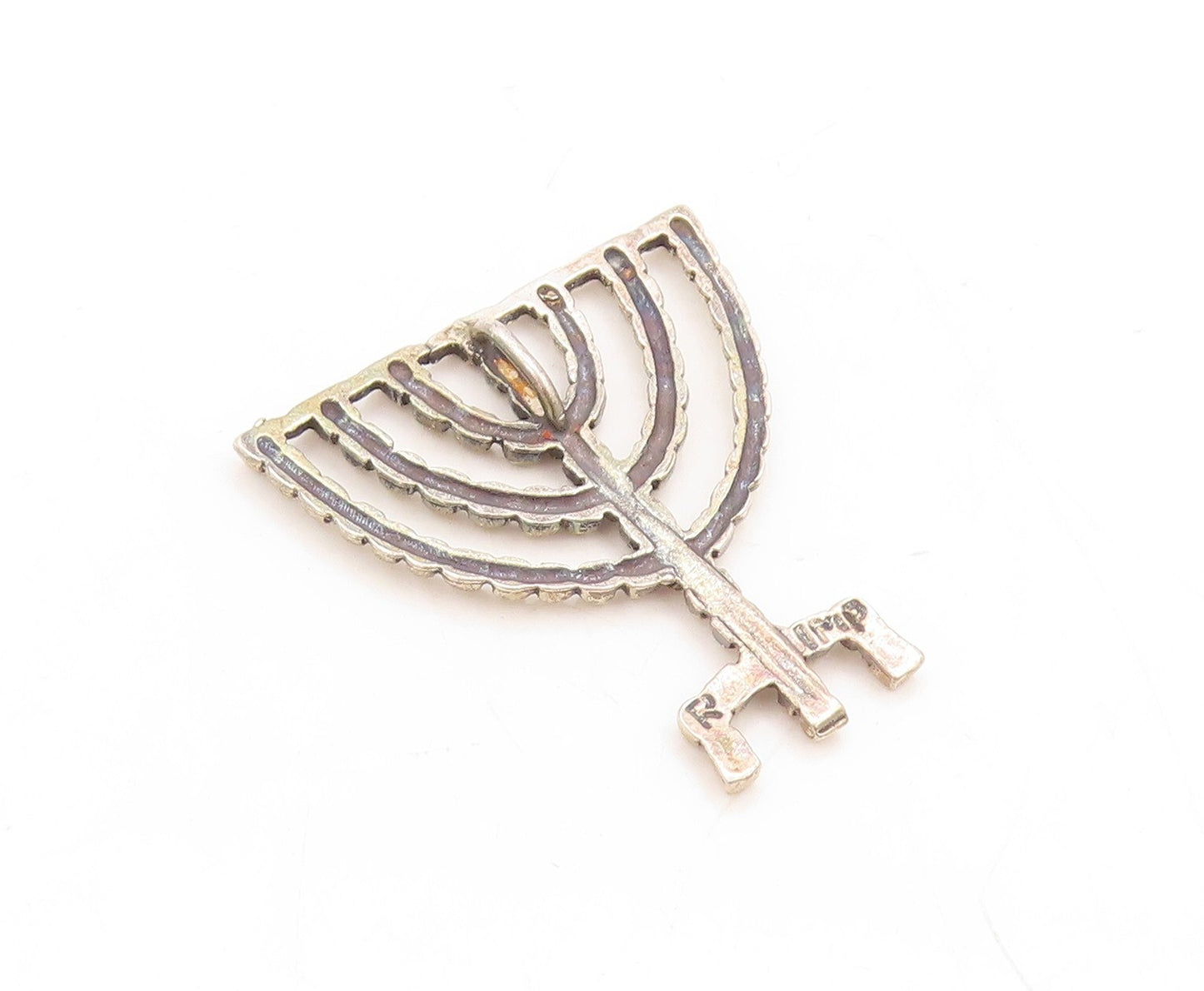 925 Sterling Silver Vintage Pendant Dark Tone Carved Jewish Menora  PT23872