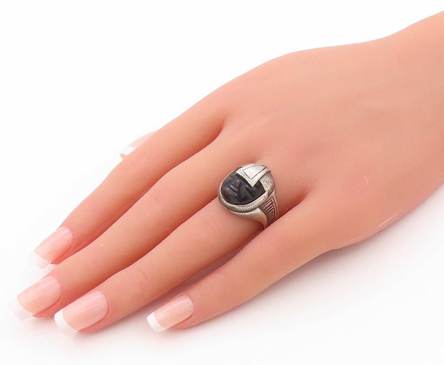 925 Sterling Silver Vintage Ring Black Onyx Face Aztec Warrior  Sz 7.5  RG32431