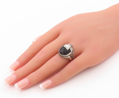 925 Sterling Silver Vintage Ring Black Onyx Face Aztec Warrior  Sz 7.5  RG32431