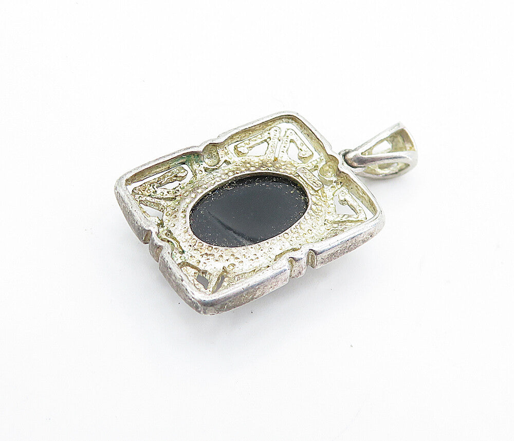 925 Sterling Silver  Vintage Cabochon Cut Black Onyx Square Pendant  PT5527