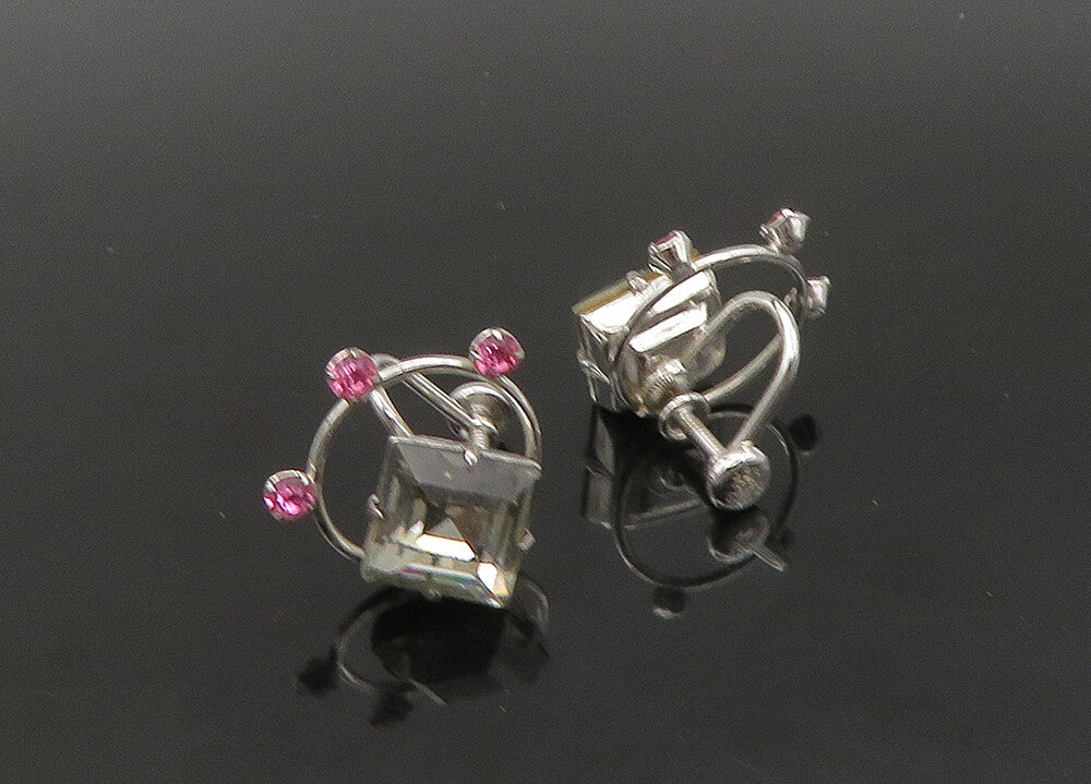 VAN DELL 925 Silver  Vintage White & Pink Topaz Non Pierce Earrings  EG11234