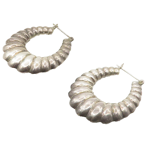 925 Sterling Silver  Vintage Dark Tone Scalloped Hollow Hoop Earrings  EG8911