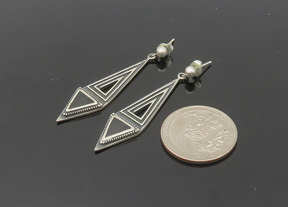 CAROLYN POLLACK 925 Silver  Vintage Black Onyx Oxidized Drop Earrings  EG10453