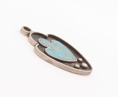 925 Sterling Silver Vintage Pendant Modernist Swirly Inlay Turquoise  PT22564