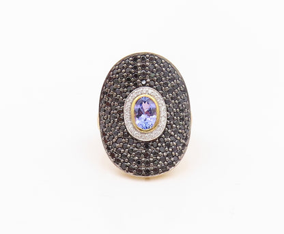 925 Sterling Silver Vintage Ring Gold Plate 2 Tone CZ & Spinel  Sz 7  RG30162