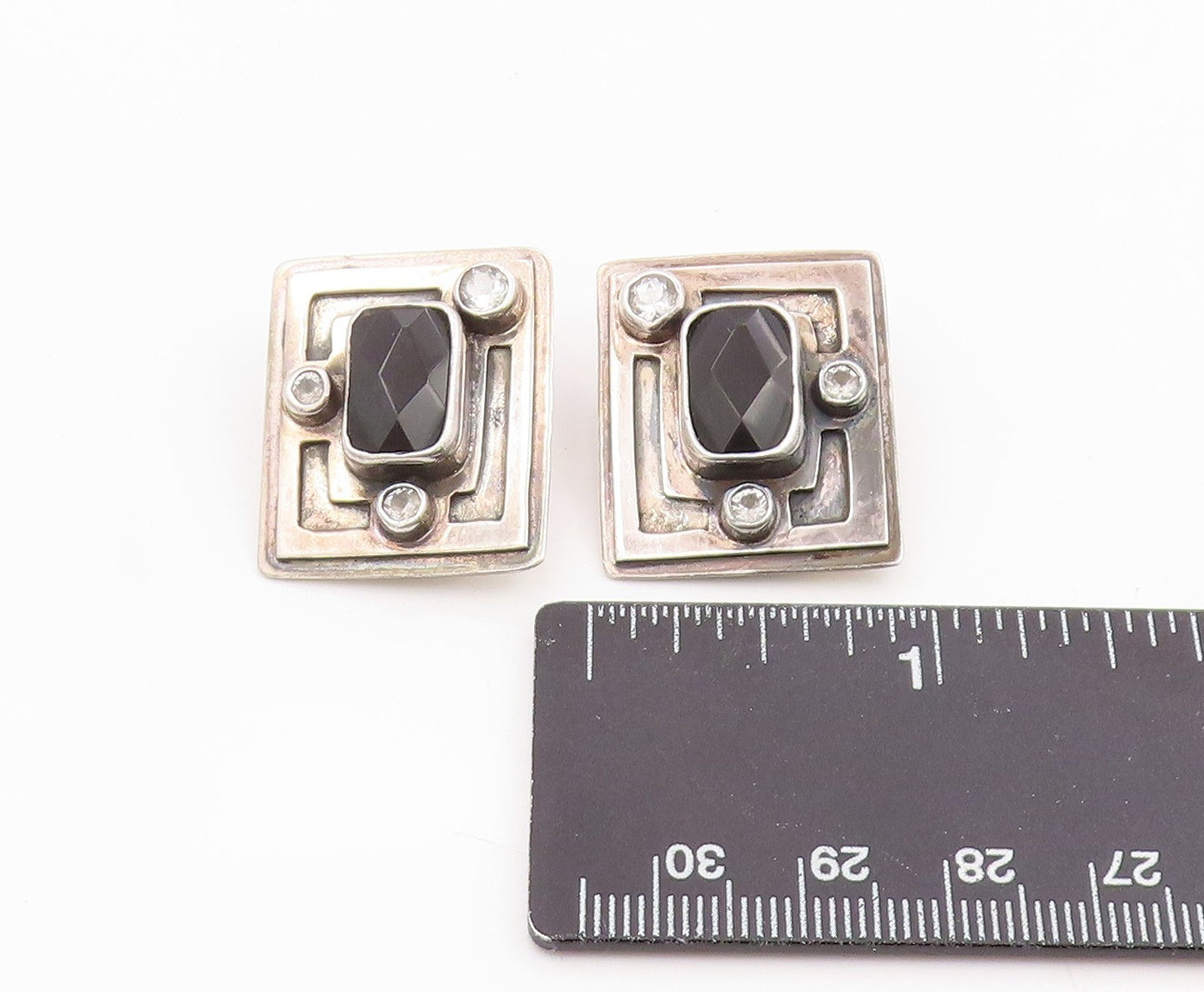 925 Sterling Silver Vintage Earrings MARGARET THURMAN Onyx & Topaz  EG14281