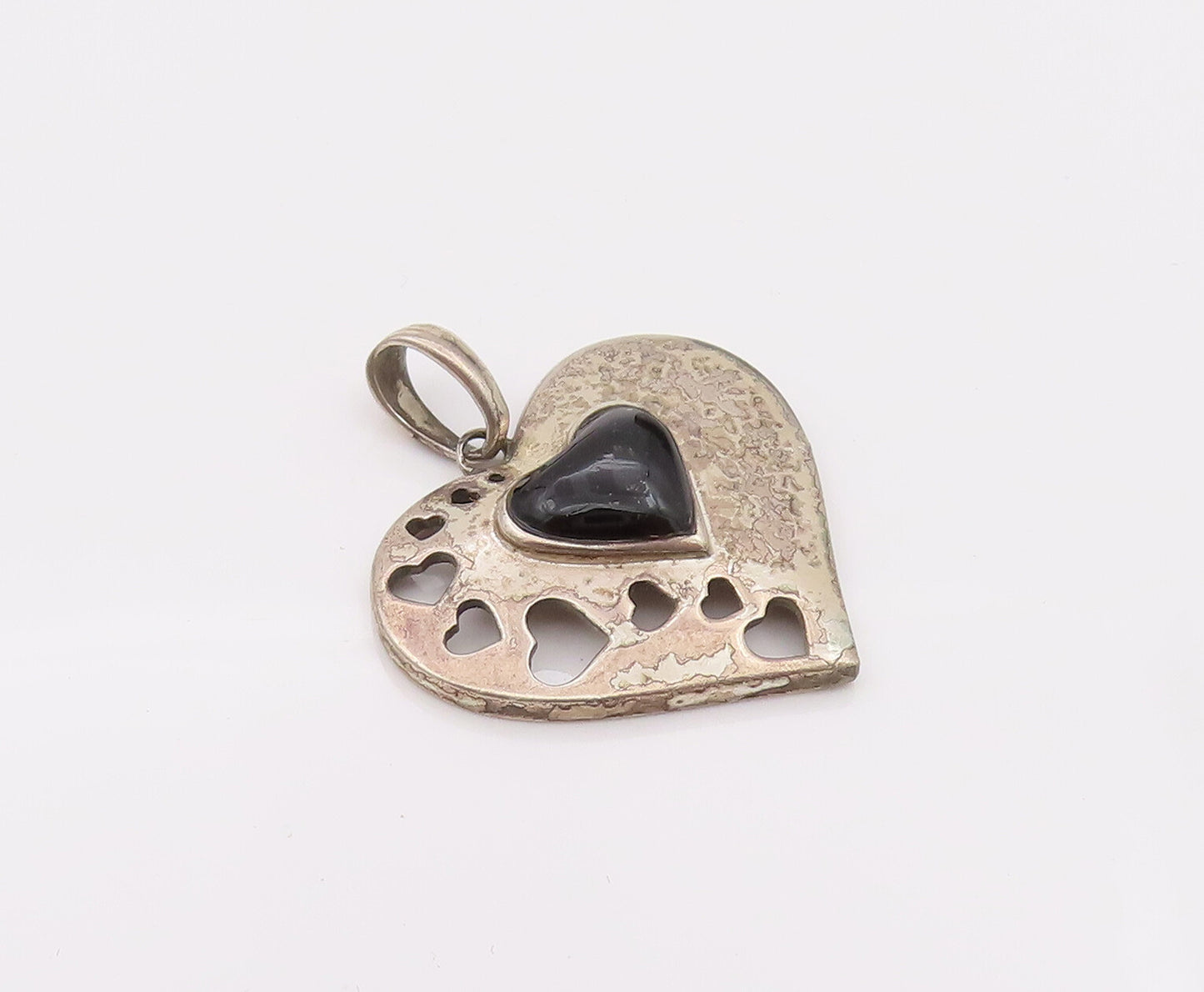 925 Sterling Silver  Vintage Love Heart with Heart cutout Onyx Pendant PT22112