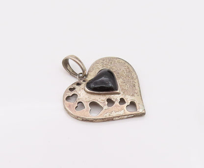 925 Sterling Silver  Vintage Love Heart with Heart cutout Onyx Pendant PT22112