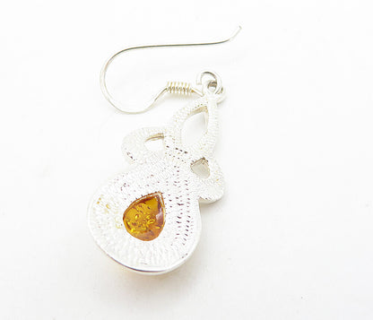 925 Sterling Silver  Cabochon Cut Amber Pretzel Knot Dangle Earrings  EG3667