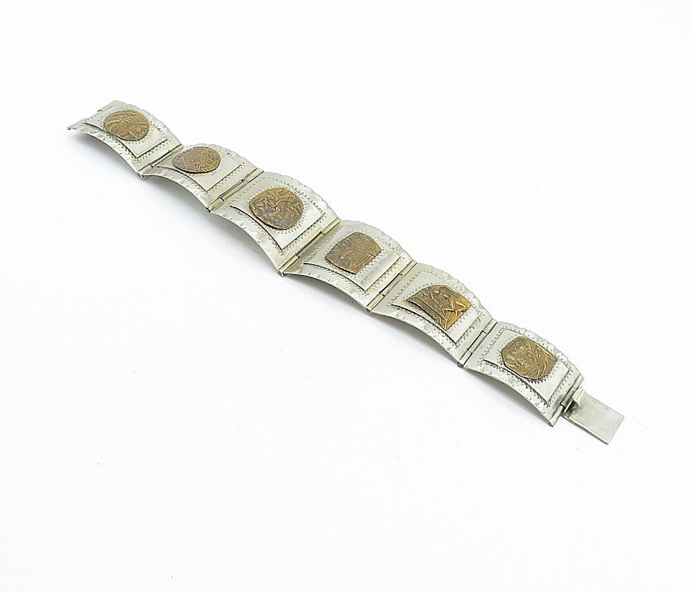 MEXICO 925 Sterling Silver  Vintage Chief's Head 2 Tone Chain Bracelet  BT2738