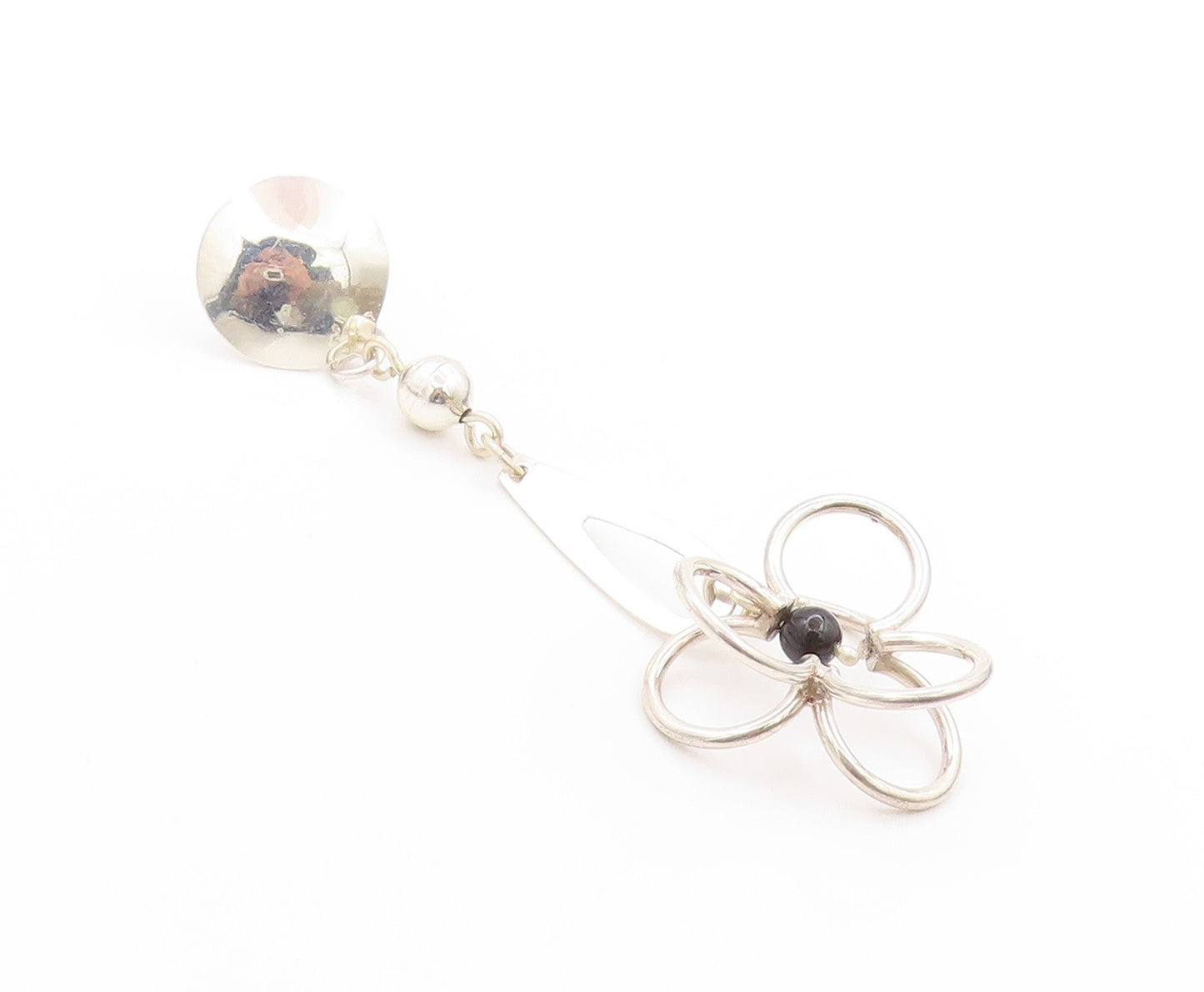 925 Sterling Silver Vintage Earrings MEXICO Modernist Drop Onyx Flower  EG13577