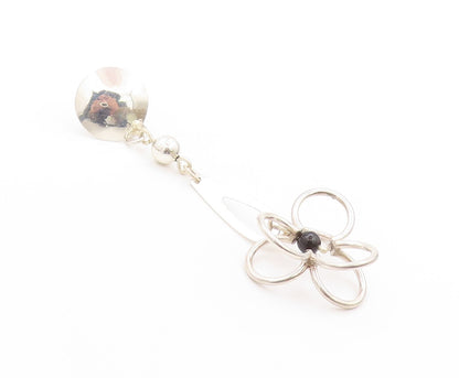 925 Sterling Silver Vintage Earrings MEXICO Modernist Drop Onyx Flower  EG13577