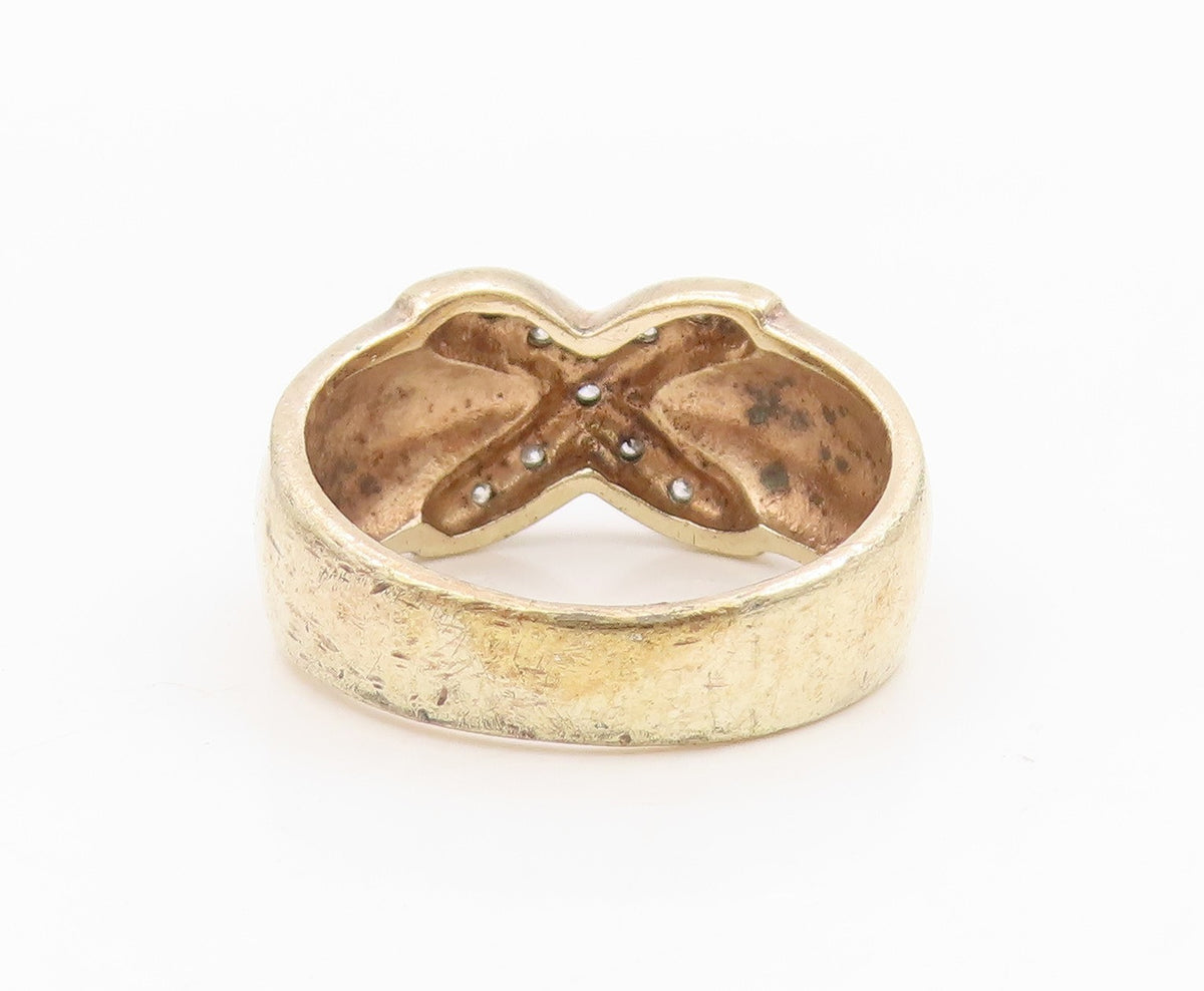 925 Sterling Silver Vintage Ring Two Tone Real Diamonds Crisscross Sz 7 RG34326