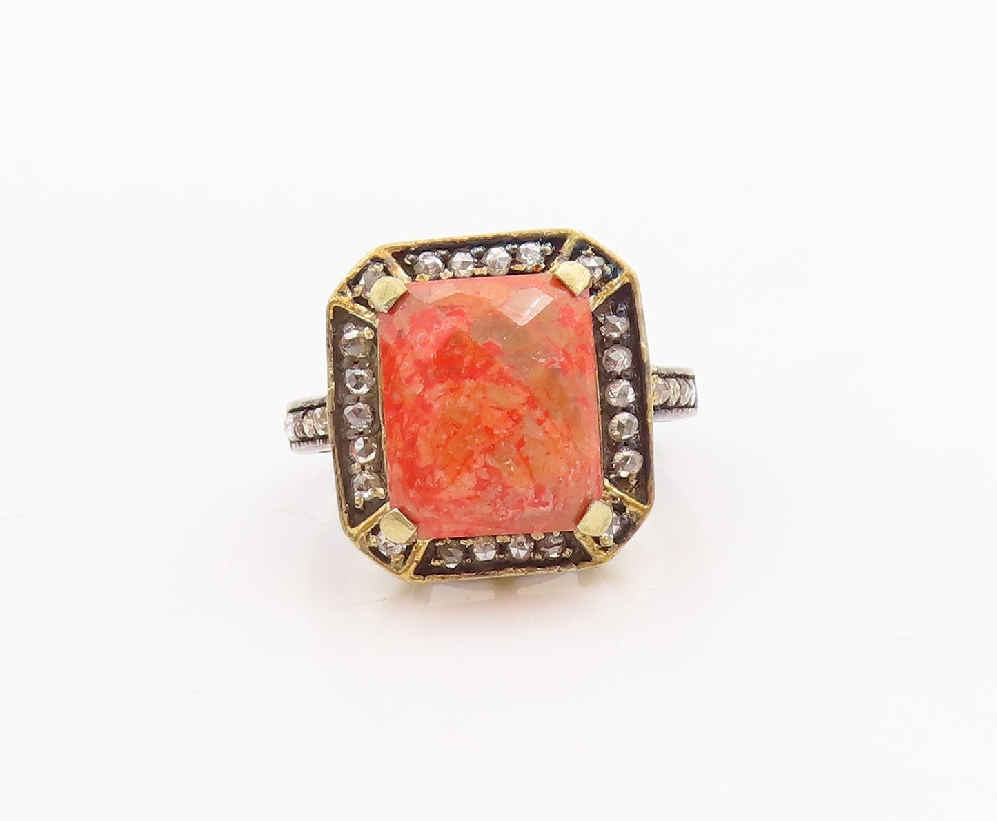 925 Sterling Silver Vintage Ring Orange Gemstone Halo Diamonds  Sz 7  RG29216
