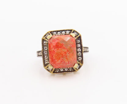 925 Sterling Silver Vintage Ring Orange Gemstone Halo Diamonds  Sz 7  RG29216