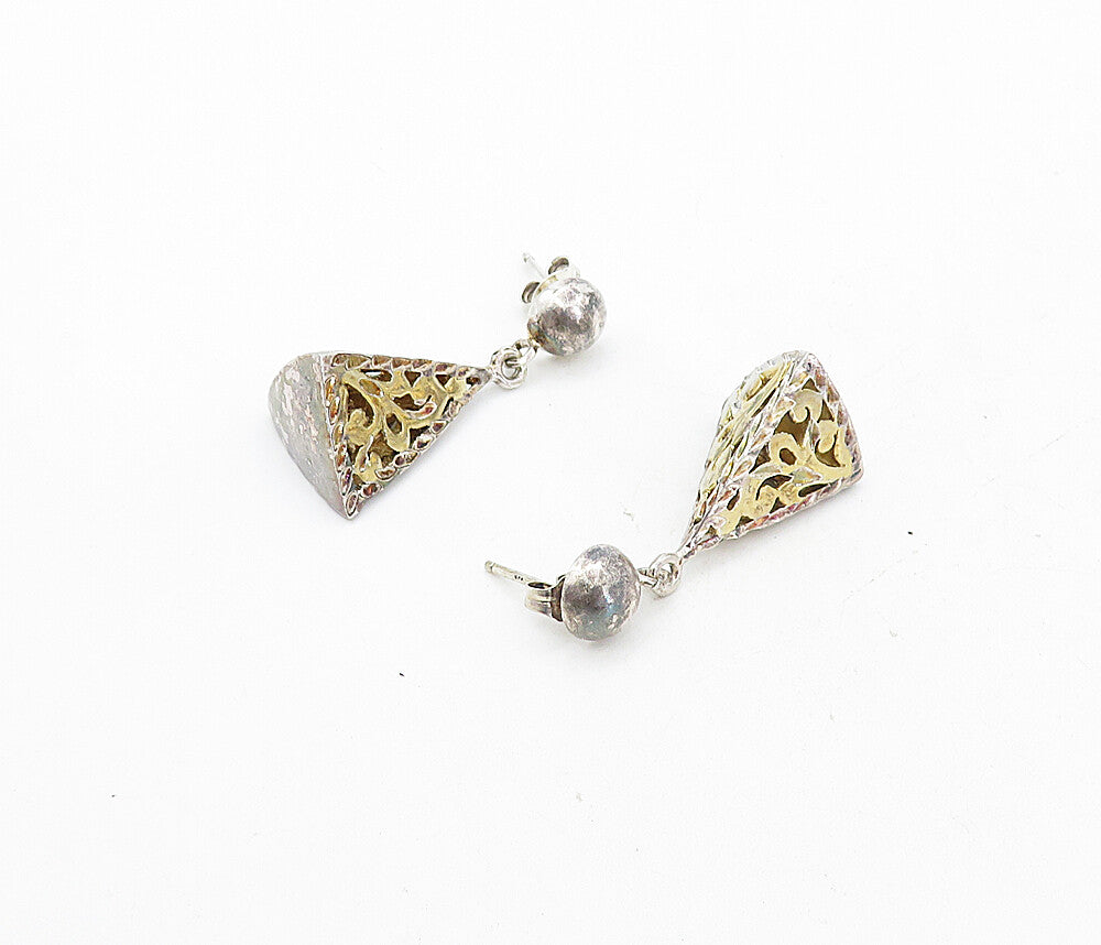 925 Sterling Silver  Vintage Diamond Cut Floral Pyramid Drop Earrings  EG4207