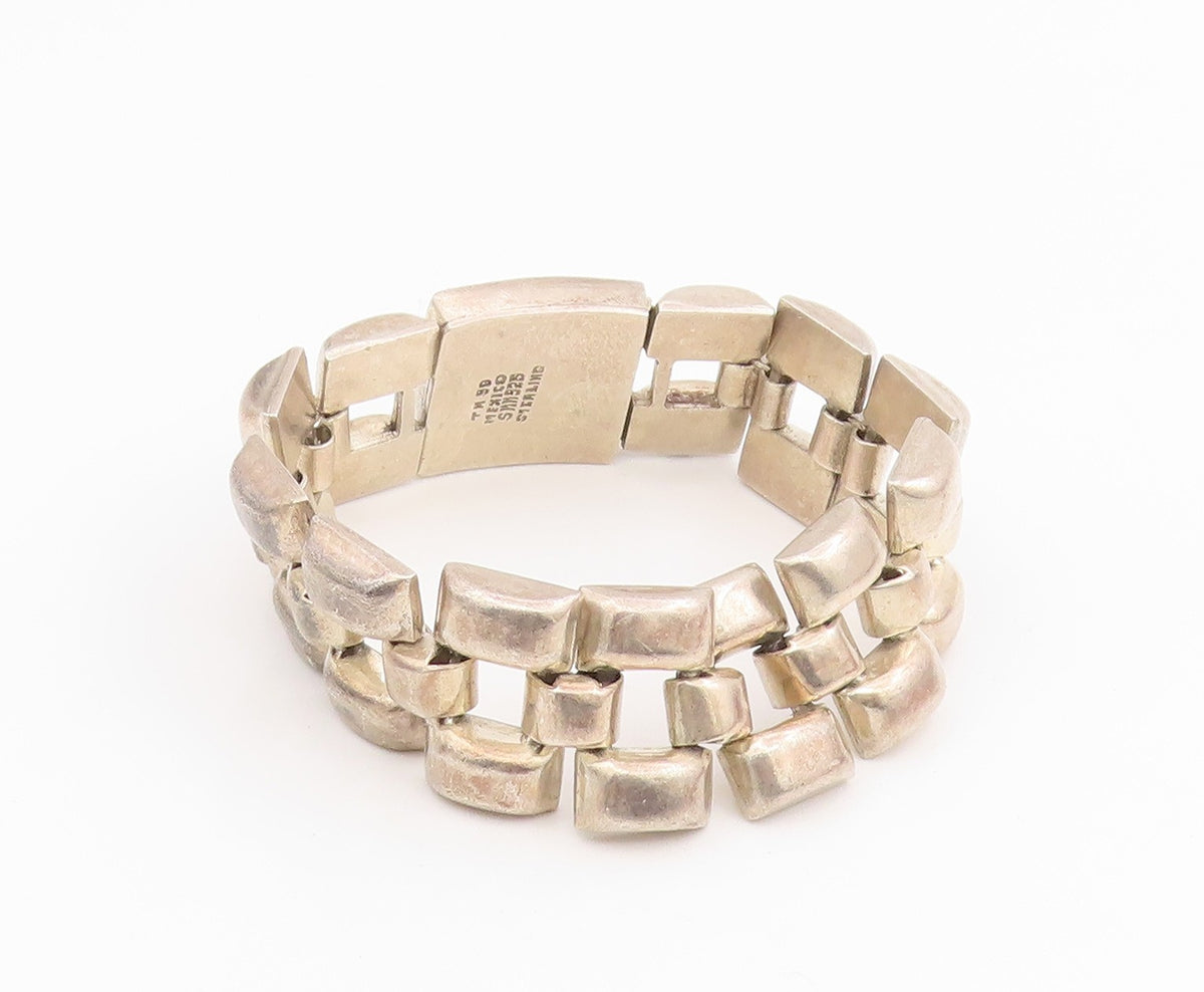 925 Sterling Silver Vintage Bracelet MEXICO Modernist Wide Panel Link  BT11614
