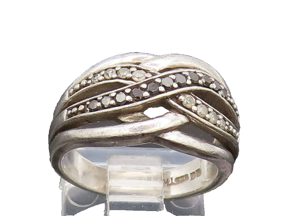 925 Silver  Vintage Black & White Diamonds Cross Band Ring Sz 5.25  RG26806