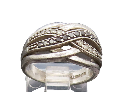 925 Silver  Vintage Black & White Diamonds Cross Band Ring Sz 5.25  RG26806