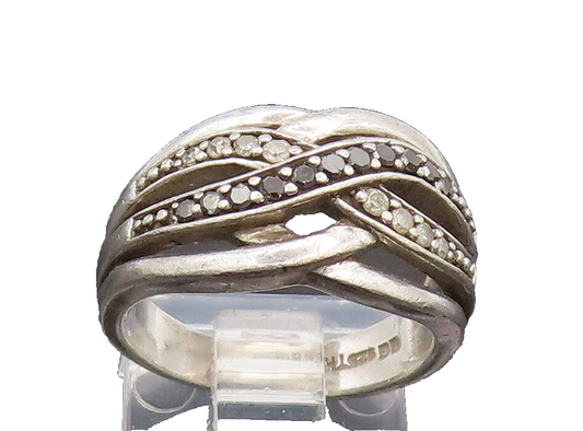 925 Silver  Vintage Black & White Diamonds Cross Band Ring Sz 5.25  RG26806