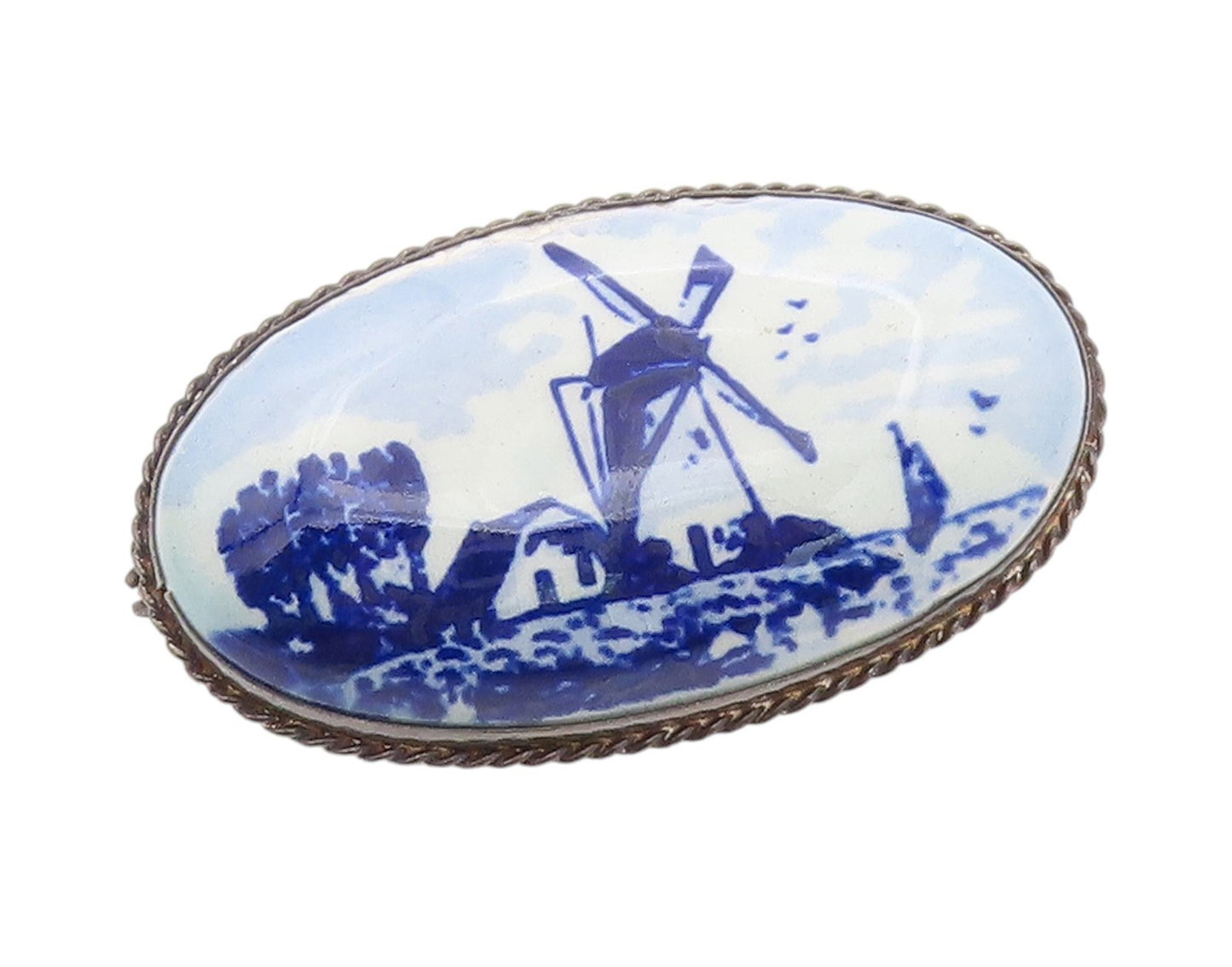 925 Sterling Silver Vintage Brooch Delft Windmill Ceramic Scenery  BP11782