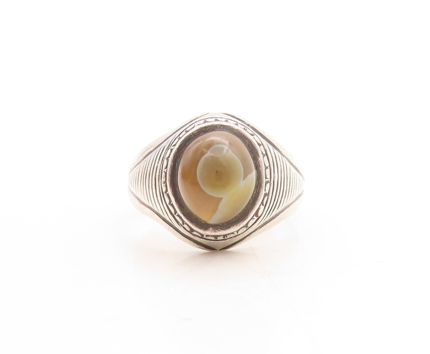 925 Sterling Silver Vintage Ring Antique Etched Gemstone Inlay  Sz 7.5  RG31537