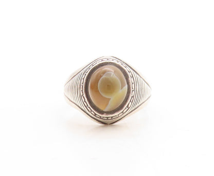 925 Sterling Silver Vintage Ring Antique Etched Gemstone Inlay  Sz 7.5  RG31537