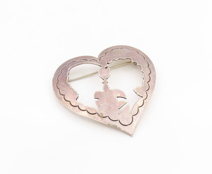 925 Sterling Silver Vintage Brooch MEXICO Cutout Couple In Love Heart  BP12134