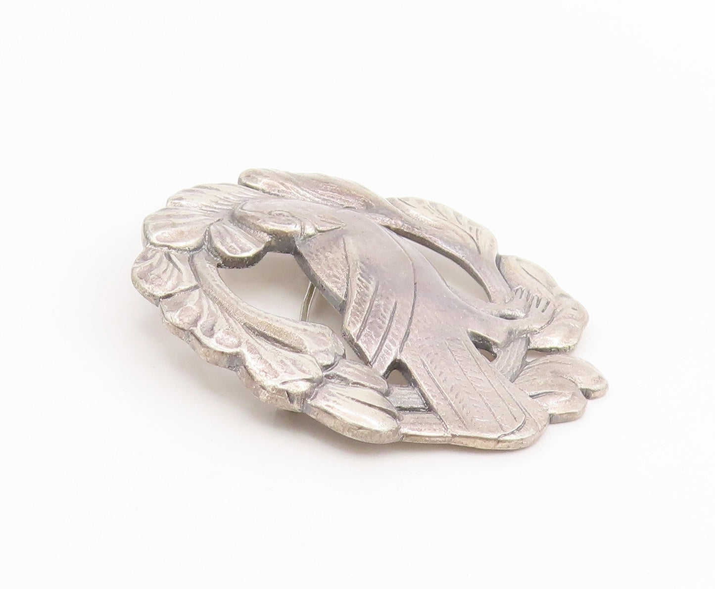 925 Sterling Silver Vintage Brooch Pin Etched Dove In Wreath Motif  BP12169