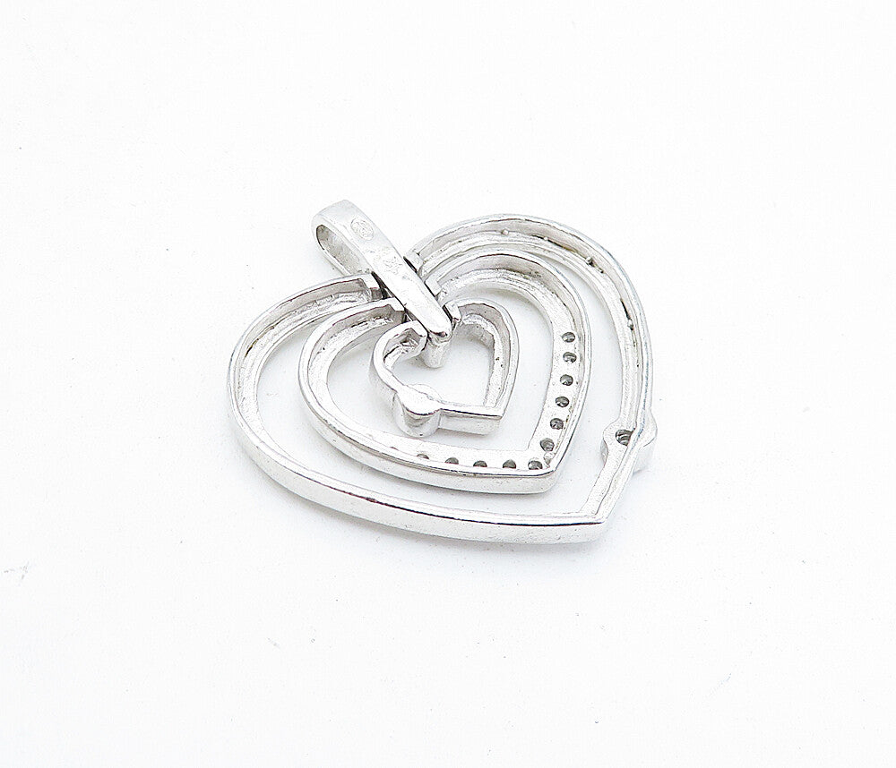 925 Sterling Silver  Vintage Cubic Zirconia Open Love Hearts Pendant  PT2896