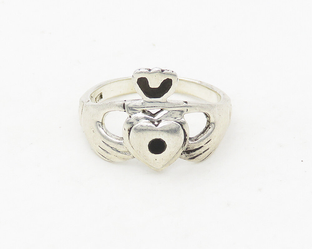 925 Sterling Silver  Vintage Black Onyx Claddagh Shiny Band Ring Sz 6  RG18736