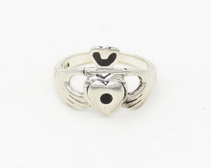925 Sterling Silver  Vintage Black Onyx Claddagh Shiny Band Ring Sz 6  RG18736