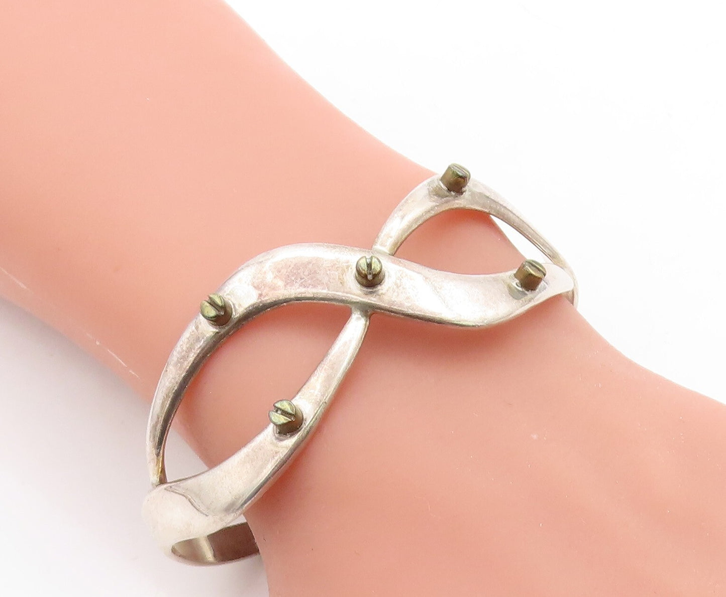 MEXICO 925 Sterling Silver  Vintage 2 Tone Screw Infinity Cuff Bracelet BT2277