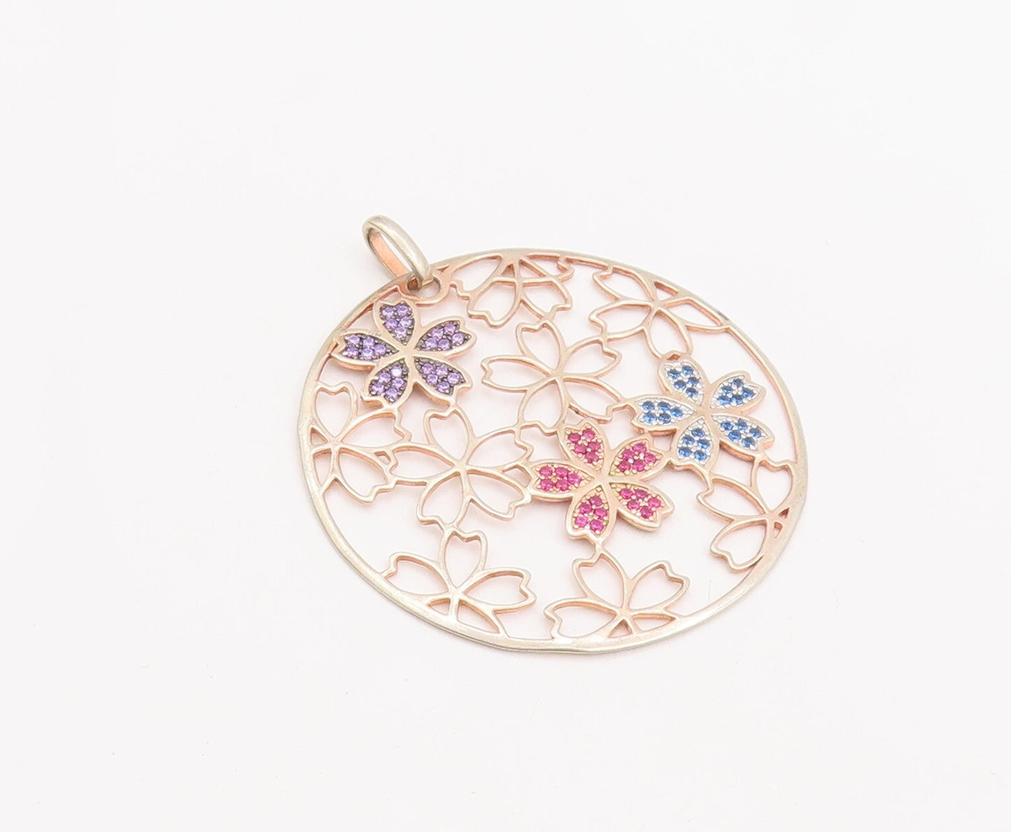 925 Sterling Silver Vintage Pendant Gold Plated Flowers Cutout Inlay CZ  PT23413