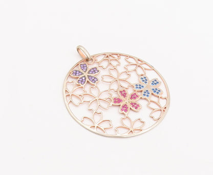 925 Sterling Silver Vintage Pendant Gold Plated Flowers Cutout Inlay CZ  PT23413